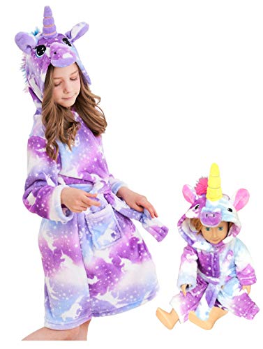 Unicorn Hooded Bathrobe Sleepwear Matching Doll & Girls Gifts (Purple Unicorns, 4-5 Years)