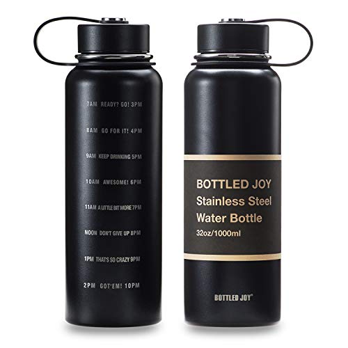 BOTTLED JOY 32oz Stainless Steel Water Bottle with Motivational Time Marked 1L Wide Mouth Travel Mug Double-wall Vacuum Insulated Water Bottle BPA-free Thermo Mug for Outdoor Activities Daily Drinking