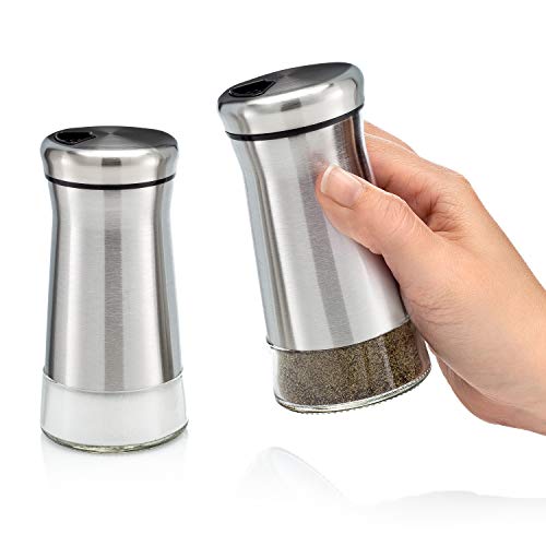 Home EC Premium Salt and Pepper Shakers with Adjustable Pour Holes - Elegant Stainless Steel Salt and Pepper Dispenser - Perfect for Himalayan, Kosher and Sea Salts - Spices W/Collapsible Funnel/Ebook