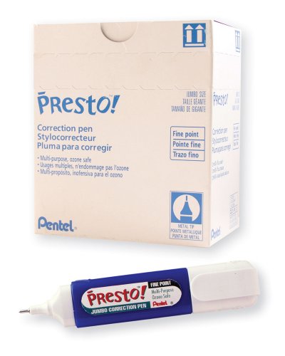 Pentel Presto! Jumbo Correction Pen, Fine Point, Metal Tip, Box of 12 (ZL31-W),Blue/White