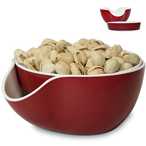 Pistachio Bowl, Snack Serving Dish, Double Peanut Bowl with Seeds Shell Storage, Red