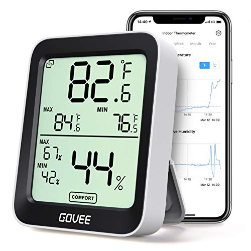Govee Thermometer Hygrometer, Accurate Indoor Temperature Humidity Sensor with Notification Alert, LCD Bluetooth Temp Humidity Monitor with Data Storage for House Garage Greenhouse Wine Cellar