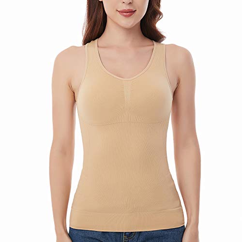 Womens Tummy Control Tank Tops with Built in Bra Slimming Camisole Seamless Body Shaper Compression Top (Beige, Meidum)