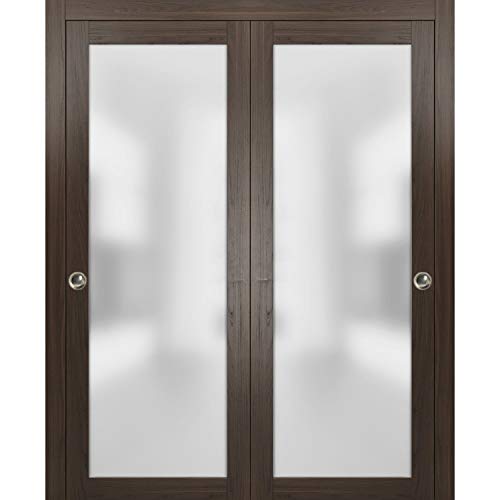 Closet Bypass Sliding Glass Doors 72 x 80 | Planum 2102 Chocolate Ash | Rails Trims Pulls Hardware Set | Modern Solid Core Wood Interior Doors Frosted Glass