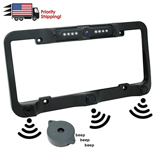 License Plate Frame Rear View Reverse Backup Camera Kit, Car Rover 170° Viewing Angle Universal Reversing Cameras with 8 IR Night Vision Waterproof LED 3 Parking Sensors for Vehicle