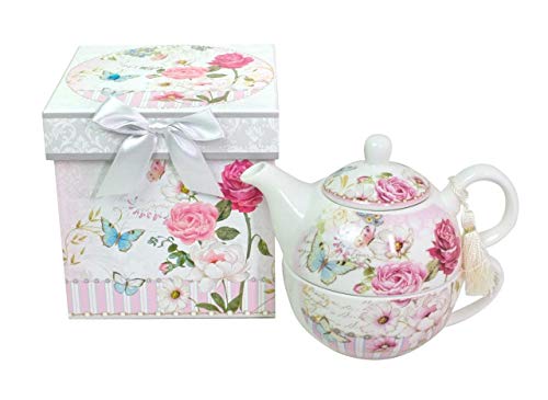 Lightahead Bone China Tea for One Set in Rose Design, in attractive Reusable Handmade Gift Box (With Bead & Ribbon)