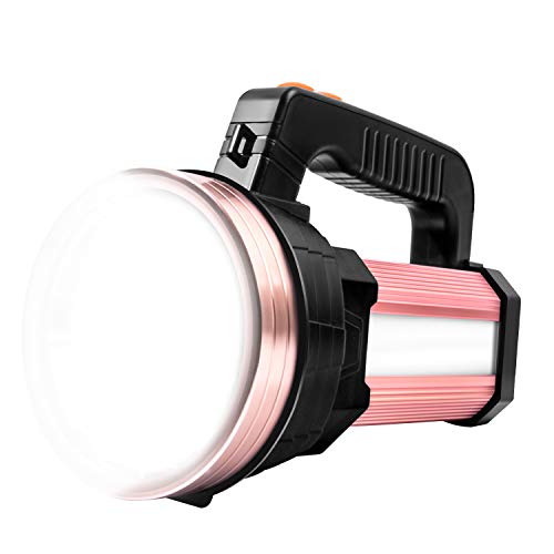 Super Bright LED Handheld Spotlight Flashlight Rechargeable 9600mAh 6000 Lumens Long Lasting Spot Light CREE Waterproof Tactical Torch, 6 Light Modes Side Floodlight, USB Output PowerBank (Rose Gold)
