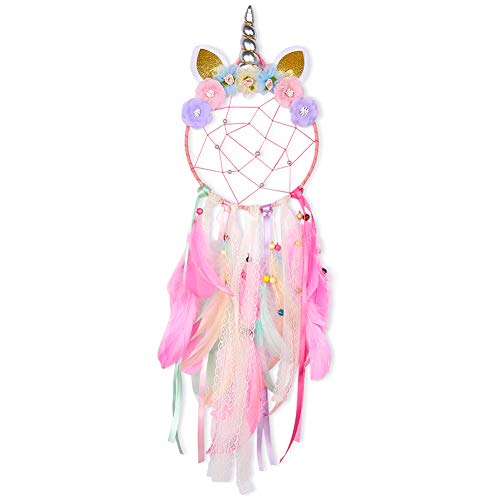 Beinou Unicorn Dream Catcher Colorful Feather Dream Catchers Handmade Flowers Dream Catchers Wall Hanging Dream Catcher for Girls Kids Nursery Bedroom Decoration Blessing Gift