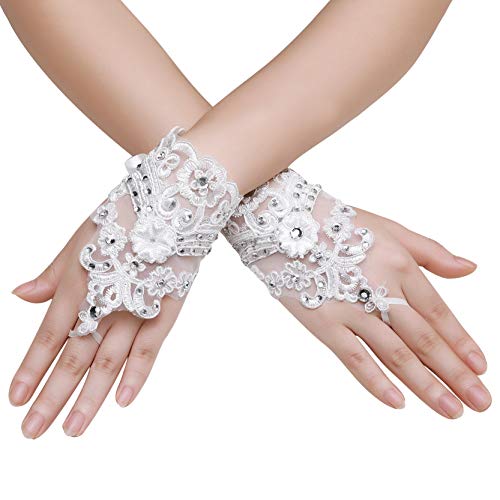 BABEYOND Wedding Lace Gloves Floral Opera Evening Gloves Special Occasion Gloves Tea Party Dancing Gloves (Style1-white)