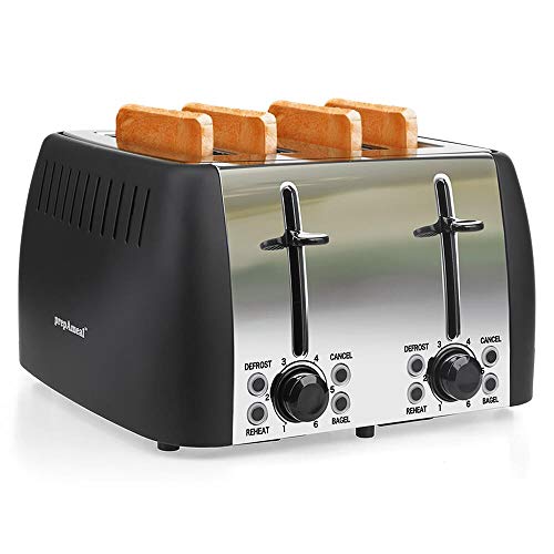 prepAmeal 4 Slice Toaster Stainless Steel Toaster Four Slice Bagel Toaster Small Bake Toaster with 6 Browning Setting, Reheat, Defrost, Bagel, Cancel Function, Extra Wide Slots (Black - 4 Slice)