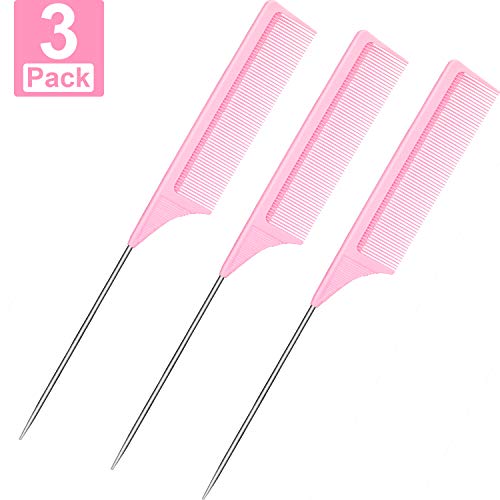 3 Packs Rat Tail Comb Steel Pin Rat Tail Carbon Fiber Heat Resistant Teasing Combs with Stainless Steel Pintail (Pink)