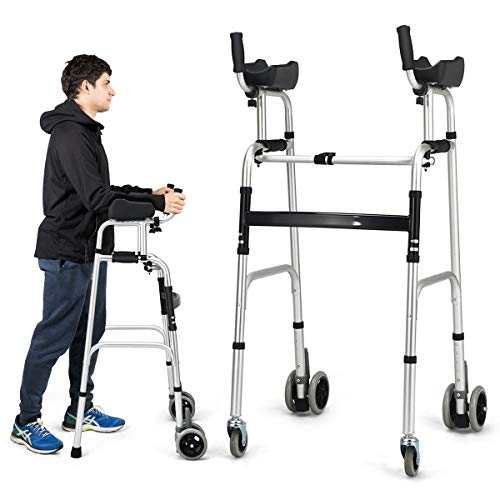 Goplus Standard Walker, FDA Certification, Foldable Rolling Walker Equipped with Arm Rest and Wheels, Height Adjustable Elderly Walking Mobility Aid for Seniors