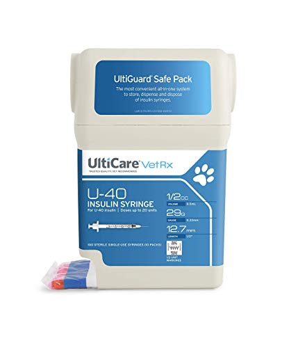 UltiCare VetRx U-40 UltiGuard Safe Pack Pet Insulin Syringes 1/2cc, 29G x 1/2', 100 ct (with 1/2 Unit Markings)