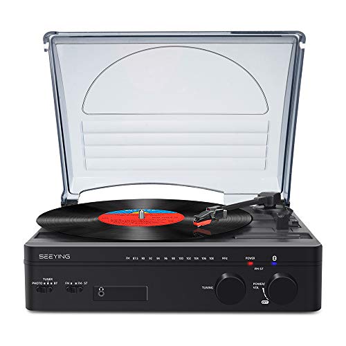 Record Player with Speakers Bluetooth Turntable with FM Stereo Radio Belt-Driven Vinyl Record Player 3-Speed Vintage Portable LP Phonograph Player