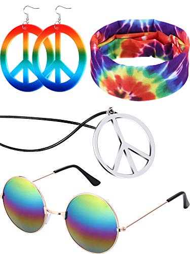 4 Pieces Hippie Costume Set Glasses Peace Sign Pendant Earring Tie Dye Headband