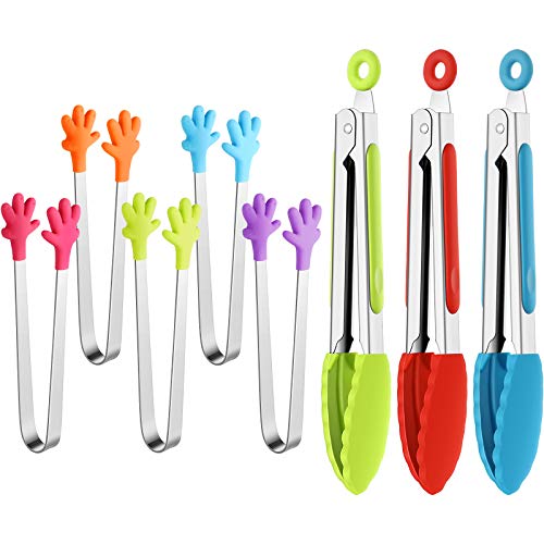 8 Pieces Mini Silicone Tongs Set 5/7 Inch Kitchen Silicone Tongs Hand Shape Silicone Tongs Multicolored Stainless Steel Cooking Tongs Non-Stick Locking Kitchen Tongs for BBQ Cooking Grilling