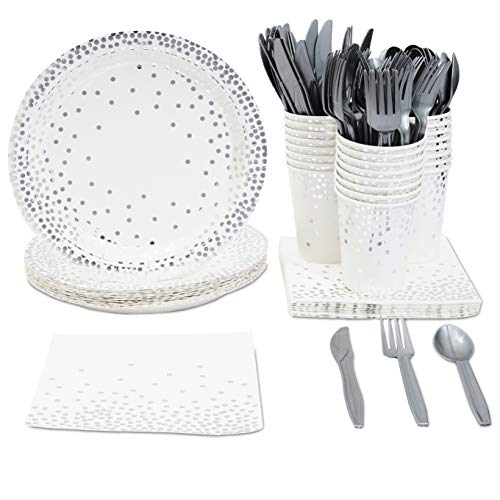 Silver Confetti Party Bundle, Includes Plates, Napkins, Cups, and Cutlery (24 Guests,144 Pieces)