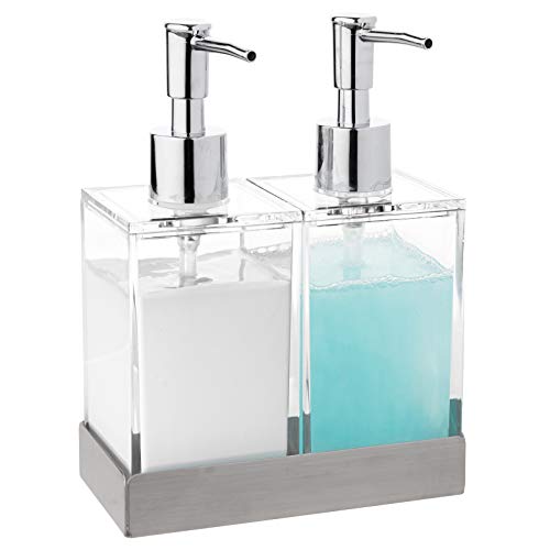 Modern Innovations Acrylic Twin Liquid Soap and Lotion Dispenser Set with Caddy - Double Soap Dispenser for Kitchen Sink - Clear Soap Dispenser for Bathroom, Shampoo, Conditioner, Body Wash