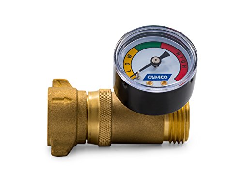 Camco Brass Water Pressure Regulator with Gauge- Helps Protect RV Plumbing and Hoses from High-Pressure City Water - Easy Read Gauge, Lead Free (40064)