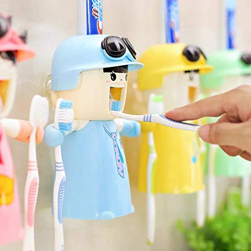 Rain House Kids Toothbrush Holders with Cup, Cute Hands Free Toothpaste Dispensers Children Automatic Cartoon Toothpaste Squeezer case, Wall-Mounted Bathroom Kit Easy to Clean (Blue)