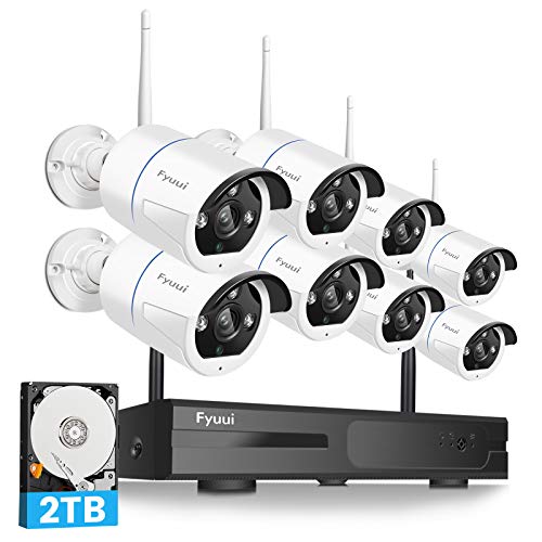 Two-Way Audio Security Camera System Wireless, Fyuui 1080P 8 Channel Wireless Surveillance NVR with 2TB Hard Drive, 8pcs 2.0 Megapixel (1920×1080P) WiFi IP Bullet Camera Outdoor Indoor, H.265+ NVR