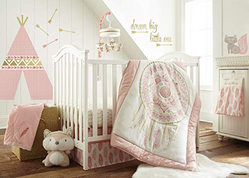 Levtex Baby - Little Feather Pink Crib Bed Set - Baby Nursery Set - Pink Coral Cream Gold - Dreamcatcher - 5 Piece Set Includes Quilt, Fitted Sheet, Diaper Stacker, Wall Decal & Skirt/Dust Ruffle