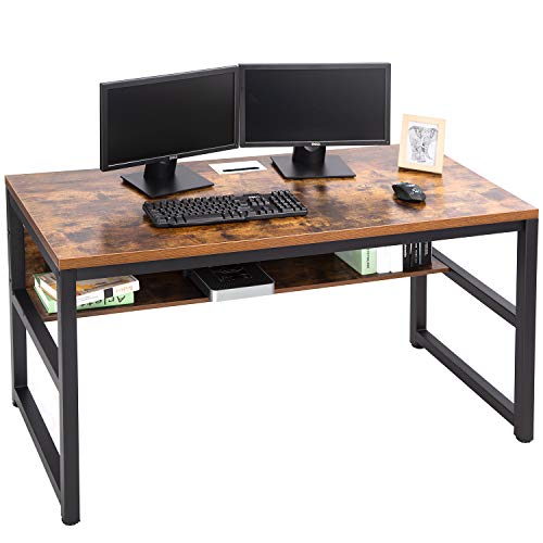 TOPSKY 55' Computer Desk with Bookshelf/Metal Desk Grommet Hole Cable Cover (Industrial/Rustic Brown)