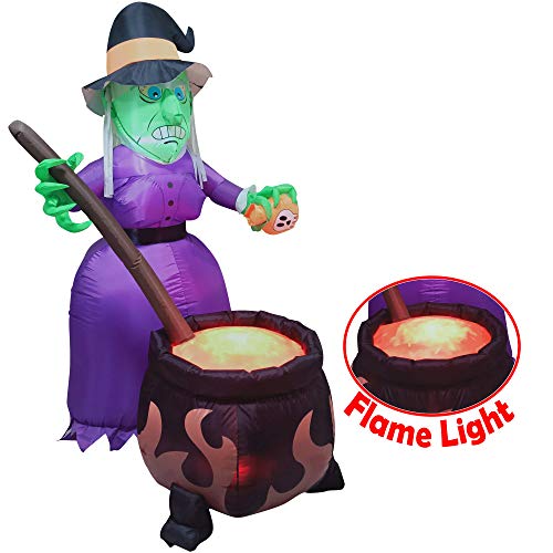 6 FT Halloween Inflatable Witch with Cauldron Inflatable with Projected 3D Fake Fire Light and Build-in LEDs Blow Up Inflatable for Halloween Party Indoor, Outdoor, Yard, Garden, Lawn Decorations