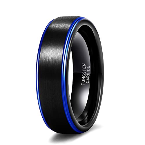 TRUMIUM 6mm Mens Tungsten Wedding Ring Band Black Blue Two Tone Brush Finish Scratch Resistant Size 9