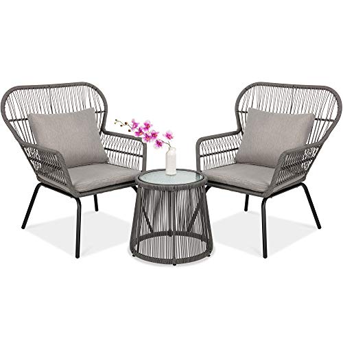 Best Choice Products 3-Piece Outdoor All-Weather Wicker Conversation Bistro Furniture Set w/ 2 Chairs and Glass Top Side Table, Gray