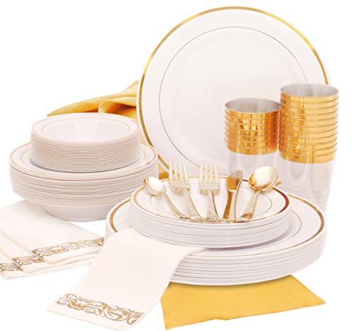 Earth's Dreams Gold Dinnerware Set Disposable [25 Guest 301 Piece] Thanksgiving Gold Plastic Plates, Disposable Wedding Dinnerware (Gold Rimmed Plates + Bowls + Napkins + Cutlery + Cups+Table Runner)