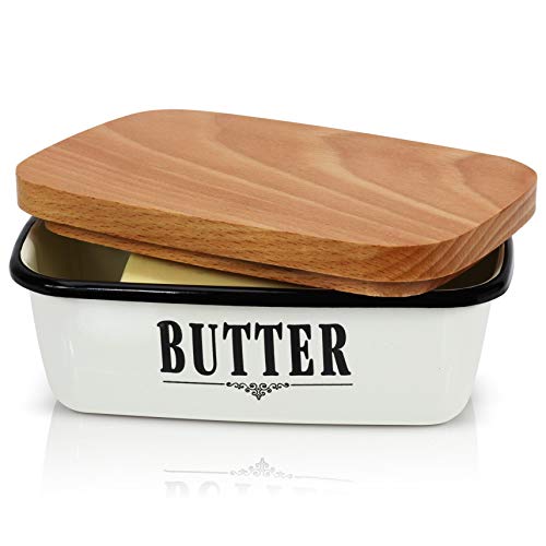 Granrosi Farmhouse Butter Dish - Beautiful Enamel Butter Container With Wooden Lid Keeps Your Butter Soft and Enhances Your Kitchen Decor