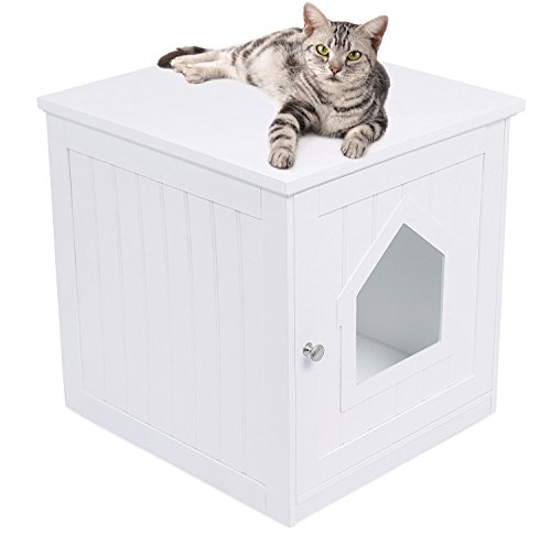 Internet's Best Decorative Cat House & Side Table - Cat Home Nightstand - Indoor Pet Crate - Litter Box Enclosure - Hooded Hidden Pet Box - Cats Furniture Cabinet - Kitty Washroom - White