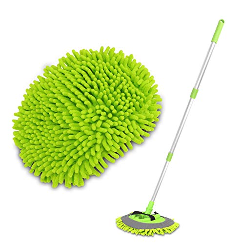 2 in 1 Chenille Microfiber Car Wash Brush Mop Mitt with 45' Aluminum Alloy Long Handle, Car Cleaning Kit Brush Duster, Not Hurt Paint Scratch Free Cleaning Tool Dust Collector Supply for Washing Truck