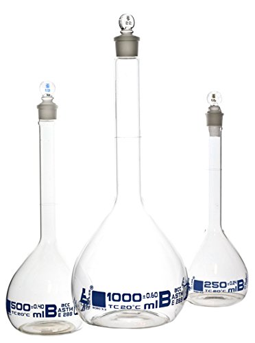 Volumetric Flask Set, 3 Pieces - Class B, ASTM - 250ml, 500ml & 1000ml - Glass Stopper - Blue Graduation - Eisco Labs