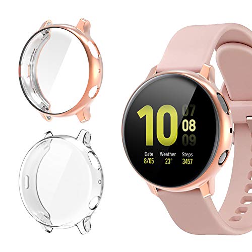 [2 Pack]Case for Samsung Galaxy Watch Active 2 40mm,All-Around TPU Anti-Scratch Flexible Screen Protector Case Soft Protective Bumper Cover for Samsung Galaxy Watch Active 2 Clear and Rose Gold(40mm)