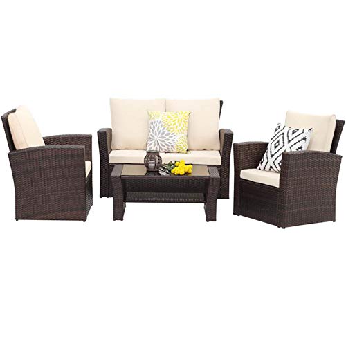 Wisteria Lane 4 Piece Outdoor Patio Furniture Sets, Wicker Conversation Set for Porch Deck, Brown Rattan Sofa Chair with Cushion