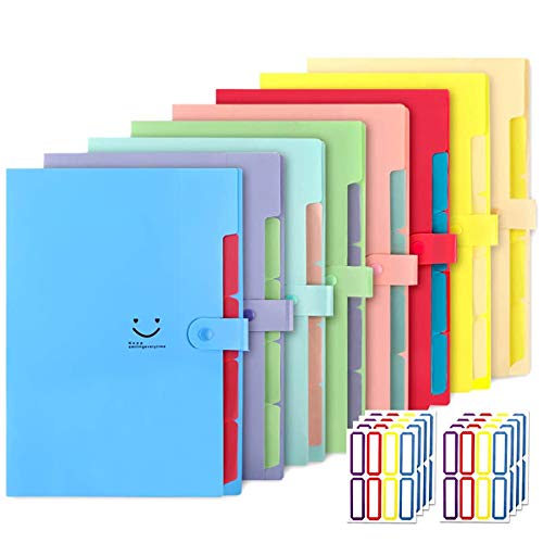 EOOUT 8pcs Expanding File Folders, 5 Pockets A4 Letter Size Snap Closure Plastic Accordion Document Organizer with 64pcs File Folder Labels for School and Office