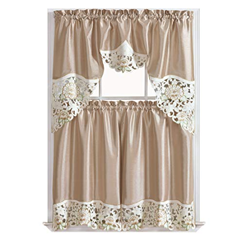 Summer Passion Kitchen Cafe Curtain Set Swag Valance and Tier Set. Nice Matching Color Rose Embroidery on Border with cutworks (Beige)