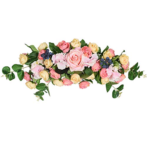 Woooow Rose and Hydrangea Swag,15 Inch Decorative Swag with Pink Roses, Green Leaves for Wedding Arch Front Door Wall Decor