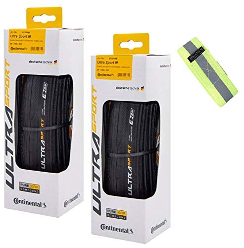 Bike A Mile Continental Ultra Sport III Road Bike Tires Folding Bike Tire Set of Bicycle Tires - with Reflective Armband (2 Black Tires III+ Reflector, 700 x 23mm)
