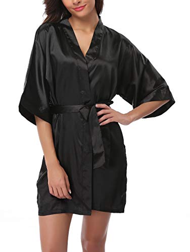 FADSHOW Women's Satin Kimono Robes Short Silk Bathrobes Loungewear,Black,Small