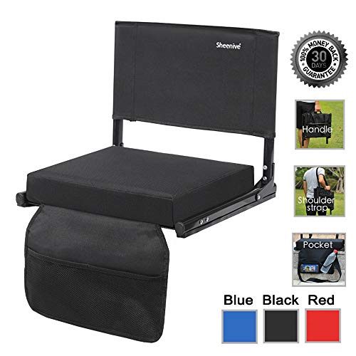 Sheenive Stadium Seats for Bleacher - Wide Padded Cushion Stadium Seats Chairs for Outdoor Bleachers with Leaning Back Support and Shoulder Strap, Perfect for NFL and Baseball Games, 1 Pack, Black