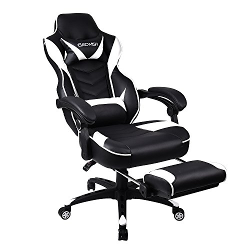 Video Gaming Chair Racing Office - PU Leather High Back Ergonomic Adjustable Swivel Executive Computer Desk Task Large Size with Footrest,Headrest and Lumbar Suppor (White)