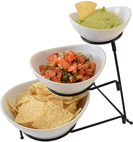 3 Tier Oval Chip and Dip Bowl Set Party Food Server Display Set Tiered Snack Server with Metal Rack