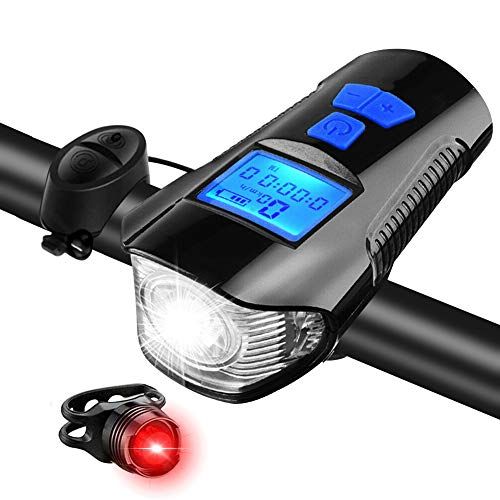 Bike Light Set, Bicycle Headlight Taillight, Bicycle Speedometer Odometer for Bike, with Horn, USB Rechargeable Bike Tail Light and Front Light Set Cycle Head Light Fits All Mountain & Road Bike
