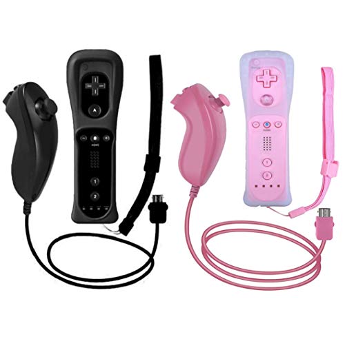ZeroStory 2 Packs Wireless Controller and Nunchuck for Wii and Wii U Console, Gamepad with Silicone Case and Wrist Strap (Black and Pink)