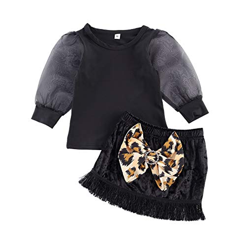Toddler Girl Skirt Set Long Sleeve T-Shirt Tops+Short Skirt Fall Winter Outfit Set(Black, 4-5T)