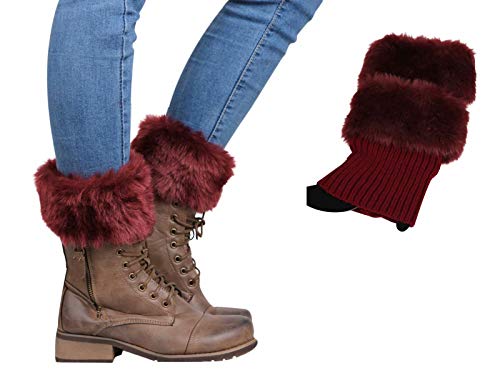 Women's Leg Warmers Crochet Faux Fur Boot Socks Toppers Hosiery Socks Burgundy, One Size, 1 Pairs