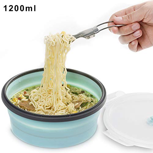 Camping Bowl with Lid Collapsible Silicone Bowl and Foldable Stainless Steel Fork for Travel and Camping Microvave and Fridge Food Storage Bowl from ColorCoral (1200ML)
